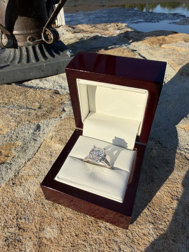 Cushion-cut lab-grown diamond engagement ring with a diamond halo and pavé band in white gold, in its glossy dark cherry wood box with cream leather interior, photographed on stone in bright sunlight