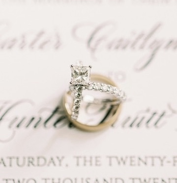 Princess-cut engagement ring with a diamond band resting on a gold ring atop wedding invitations