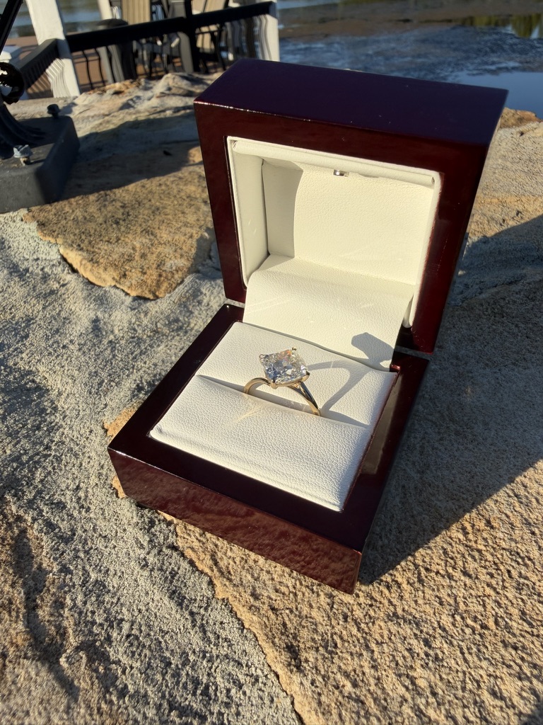 Cushion-cut lab-grown diamond engagement ring in yellow gold, in its glossy dark cherry wood box with cream leather interior, photographed outdoors on stone in sunlight