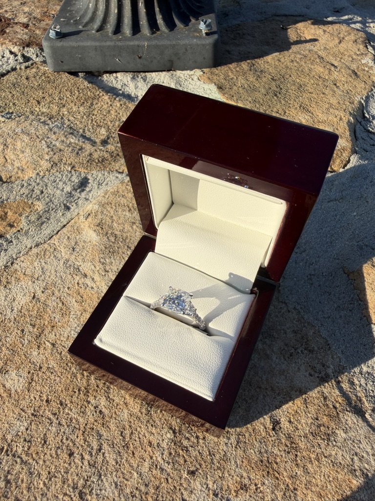 Cushion-cut lab-grown diamond engagement ring with pavé band in white gold, in its glossy dark cherry wood box with cream leather interior, photographed outdoors in sunlight